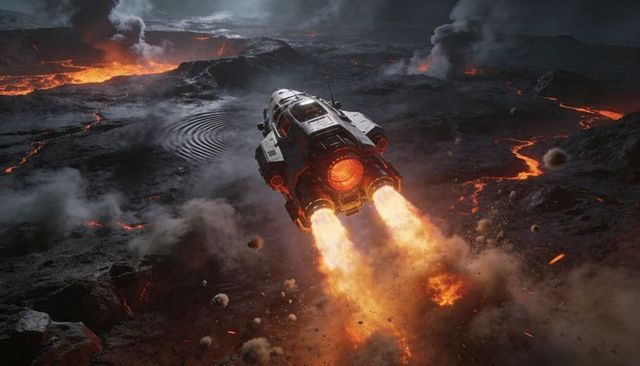 Compact spacecraft launching over volcanic lava plain, glowing thrusters and ash plumes