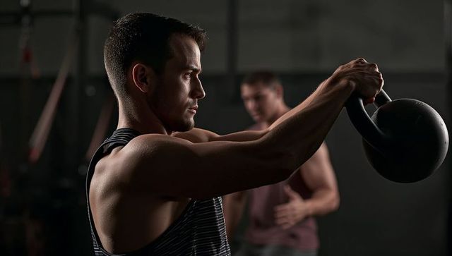 Focused athlete performing kettlebell swing for strength training and intense gym workout