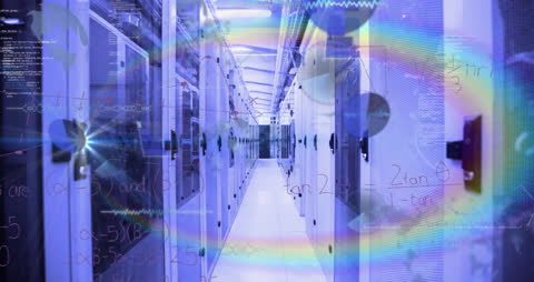 Data Server Room with Mathematical Equations and Rainbow Lens Flare