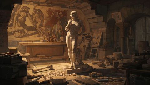 Classical marble statue bathed in warm chiaroscuro light inside stone sculptor workshop