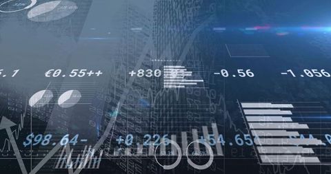 Futuristic Financial HUD Overlay Hovering Above Urban Skyline with Tickers Charts and Analytics