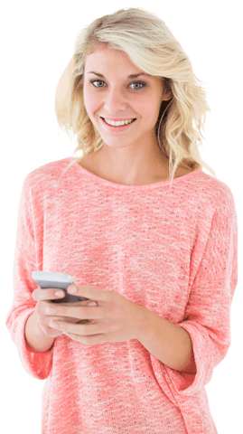 Smiling Blonde Woman Holding Smartphone on Transparent Background