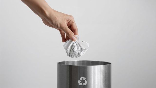 Female hand dropping crumpled paper into stainless steel recycling bin with symbol