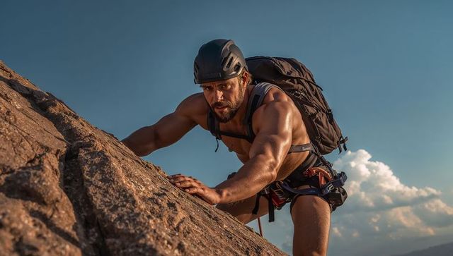 Shirtless muscular male climber scaling granite slab wearing helmet backpack and harness