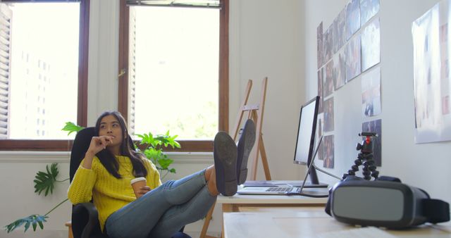 Woman Taking Break with Coffee in Modern Office - Download Free Stock Images Pikwizard.com