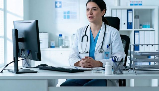 Female doctor consulting patient via telehealth in bright clinic office with stethoscope