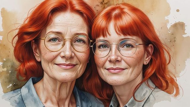 Smiling Red-Haired Mother and Daughter Portrait with Glasses