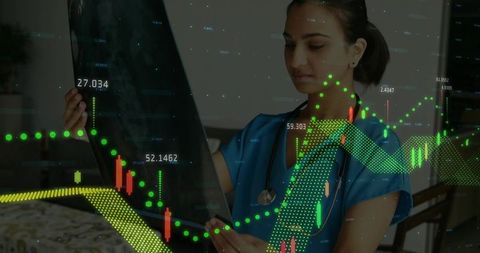 Doctor Analyzing Radiograph Overlaid with Financial Data Analysis
