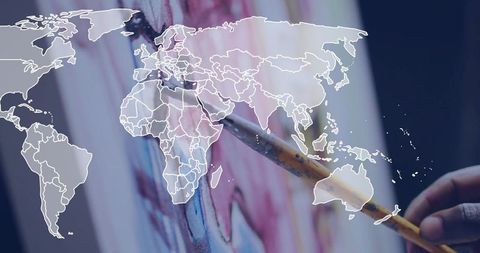 Creative world map overlay on vibrant art canvas