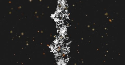 Vertical twisting neural network filament in cosmic starfield with golden particle glows