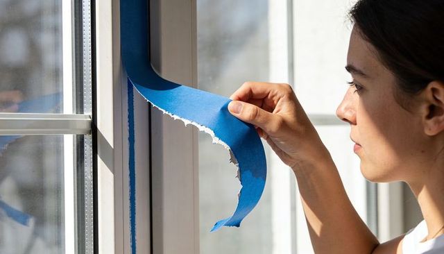 Woman peeling blue painter tape from window frame in bright sunlit room for diy project