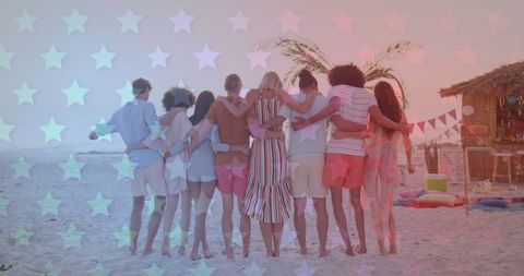 Diverse Friends Embracing at Patriotic USA Beach Gathering