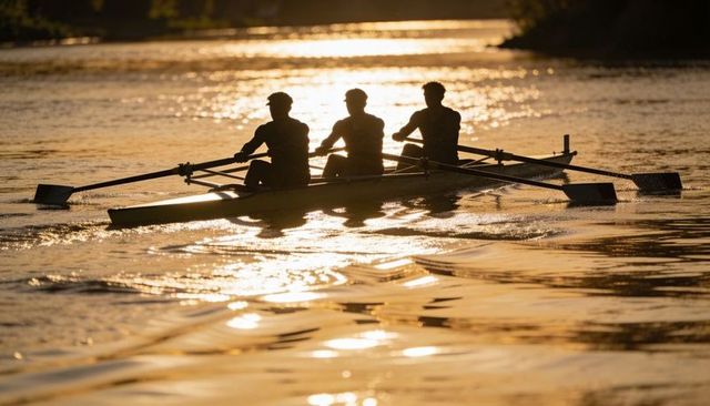 Three-person rowing crew gliding at sunset on calm river silhouette reflections