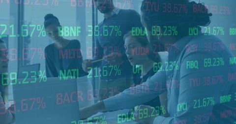 Collaborating team analyzing stock market data overlay in modern office for finance