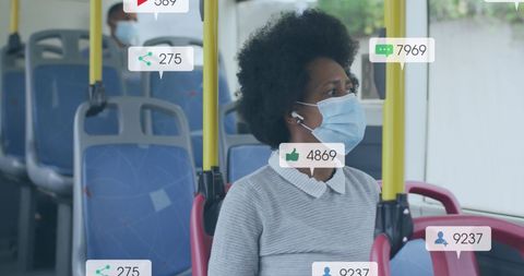 Woman in Face Mask on Bus Surrounded by Social Media Icons