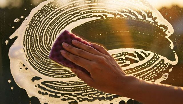 Backlit hand wiping window with pink sponge and foamy suds at golden hour