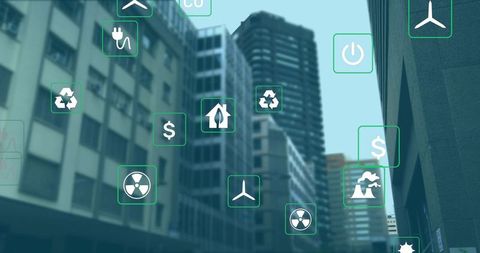 Futuristic Digital Interface with Environmental and Energy Icons Over Cityscape