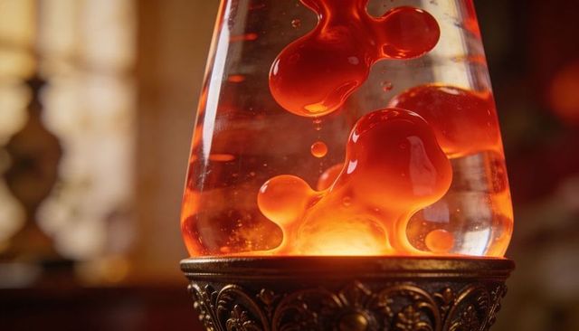 Glowing orange-red lava lamp with shifting wax blobs, ornate bronze filigree base