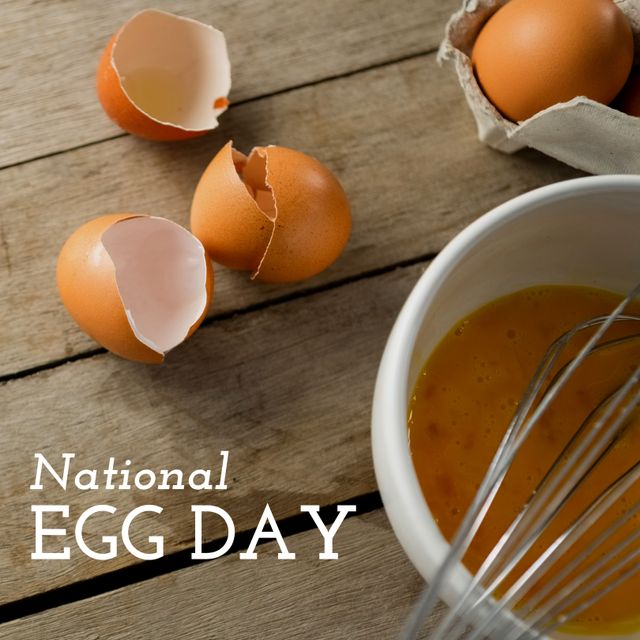 National Egg Day Celebration with Broken Eggs and Whisk on Wood Surface - Download Free Stock Templates Pikwizard.com