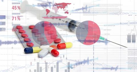 The blend of pills and a syringe with overlayed statistical data makes this a perfect illustration for articles or reports on pharmaceutical research or healthcare advancements. Useful in presentations to highlight innovations or breakthroughs in medical treatments.