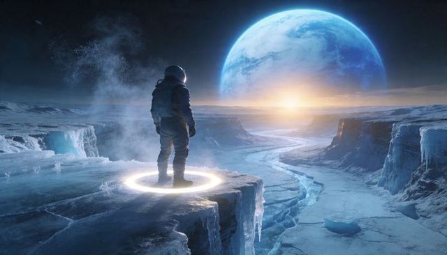 Astronaut standing on frozen canyon with glowing ring beneath blue planet sunrise