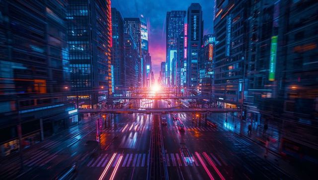 Neon City Streaming Light Trails at Dusk with Futuristic Overpasses and Wet Reflections