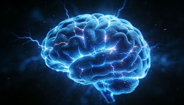 Glowing neural brain emitting electric arcs and sparks neon holographic neural network