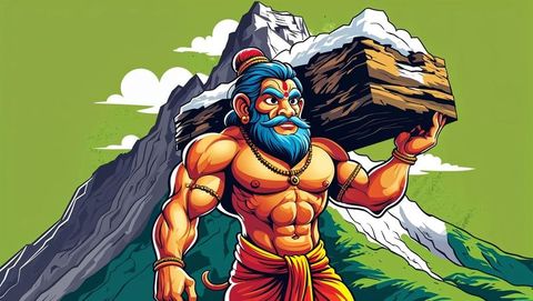 Mythic giant displaying strength with snowy mountain