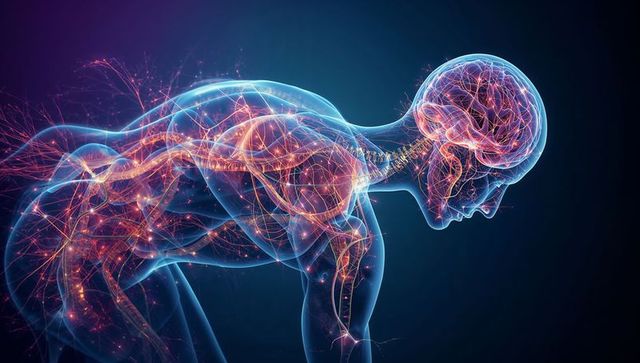 Translucent human anatomy bending forward showing glowing brain and neural network along spine