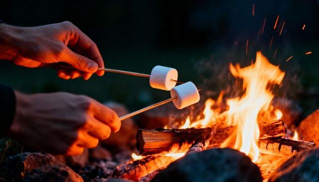 Roasting marshmallows over campfire at night, hands toasting on wooden skewers