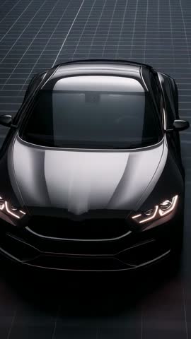 Camera spinning around luxury sedan with LED headlights lighting on futuristic grid floor