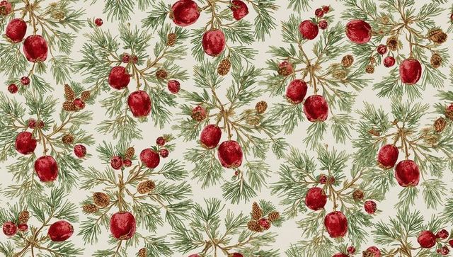 Vintage watercolor pine sprig seamless pattern featuring red berries, cones, cream textile