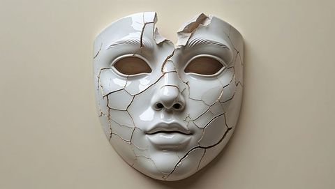 Cracked white ceramic face mask with gold accents