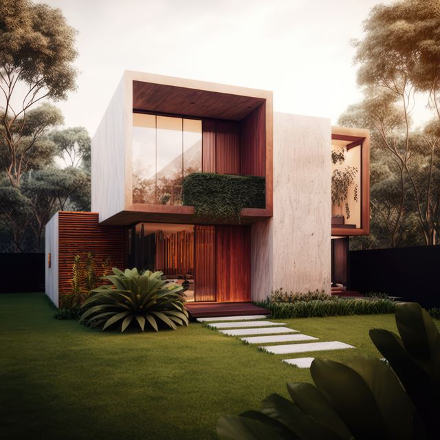 The contemporary luxury house features a minimalist design with clean lines, large windows, and lush greenery amid a beautifully landscaped garden at sunset. Ideal for home design magazines, real estate promotions, and architectural portfolios.