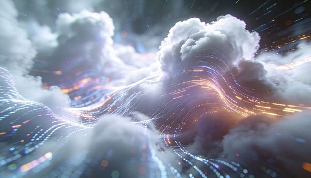 Streaming Neon Cloudscape with Luminous Data Trails and Ethereal Cumulus Waves