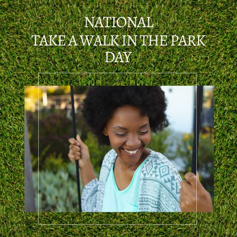 Joyful woman on swing celebrating national take a walk in the park day