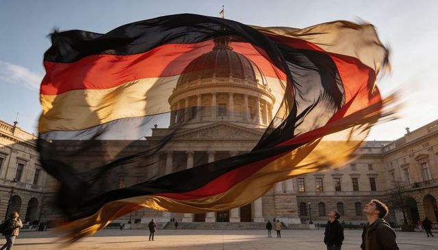 Translucent german flag flowing over historic domed building at golden hour sunlit plaza