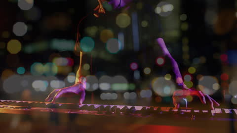 DJ Playing Keyboard in Vibrant Club with Bokeh Lights