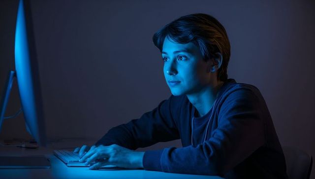 Teenager Coding at Night Blue-Light Glow Focused Student Typing at Desktop Computer