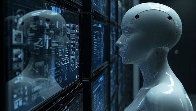 Glossy humanoid robot analyzing stacked server monitors with reflection in datacenter hub