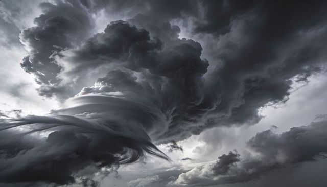 Swirling Supercell Cumulonimbus Forming Funnel Vortex Over Horizon With Lenticular Bands