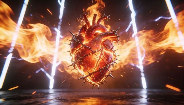 Cinematic molten anatomical heart wrapped in barbed wire, burning sculpture with flames
