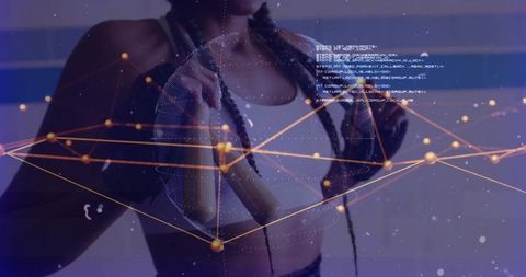Athlete holding jump rope while displaying augmented reality network overlay, fitness tech