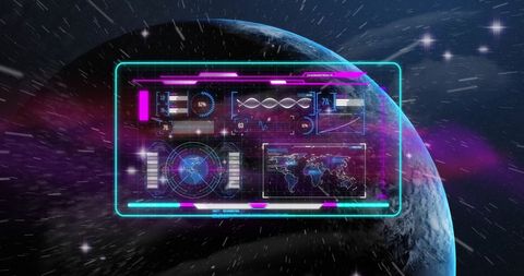 Digital Planetary Data Processing Interface with Glowing Elements