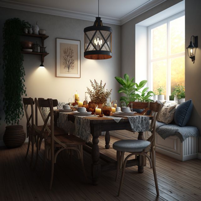 Dining room with table, chairs and large window, created using generative ai technology. Transitonal style house interior decor concept digitally generated image.