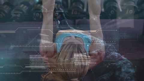 Woman Exercising on Bench with Futuristic Data Overlay
