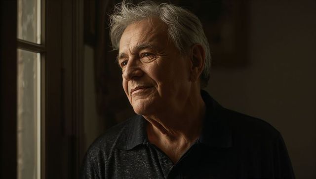 Senior man gazing out window in warm daylight, contemplative elder portrait