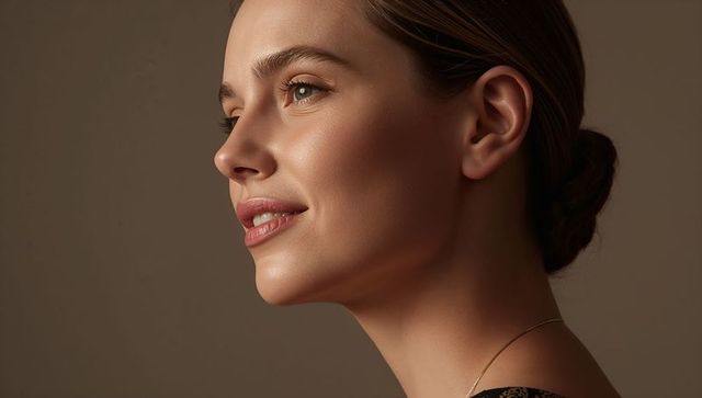 Elegant three-quarter profile of young woman with glowing skin, gold necklace, warm light