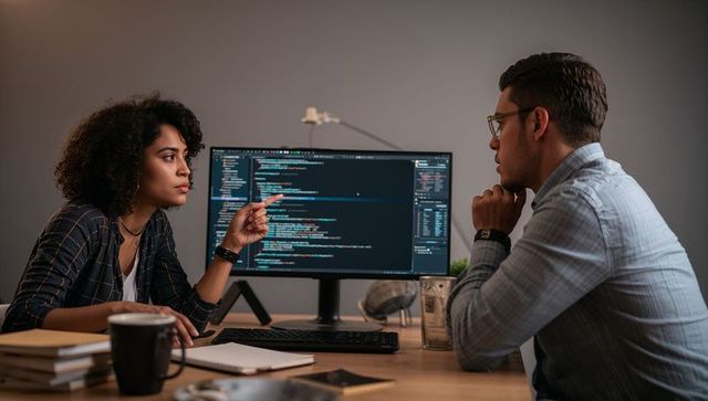 Developers collaborating on code review at desk with desktop IDE on monitor, teamwork