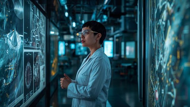 Scientist analyzing holographic data on transparent wall displays in high-tech research lab